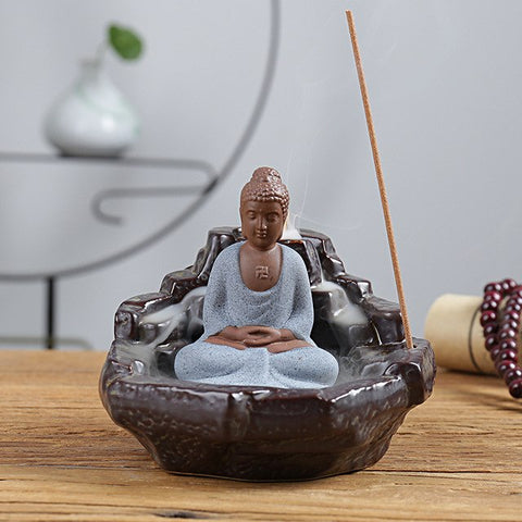 Quemador de incienso de Ceramica pequeño monje Buddha (adicional 10 Stick de incienso)